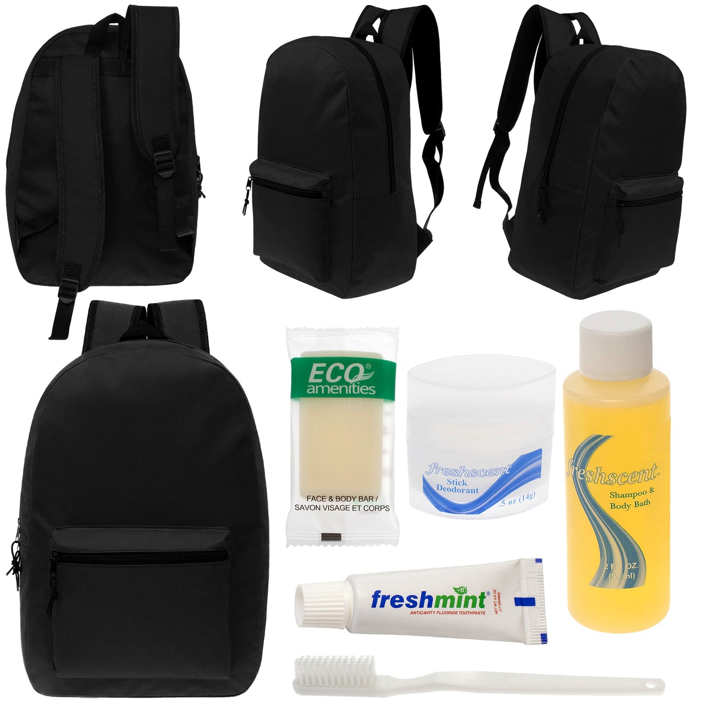 12 Black 17" Classic Backpacks & Your Choice of 12 Bulk Hygiene Kits - Wholesale Care Package: Homeless, Emergency, Charity