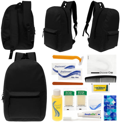 12 Black 17" Classic Backpacks & Your Choice of 12 Bulk Hygiene Kits - Wholesale Care Package: Homeless, Emergency, Charity