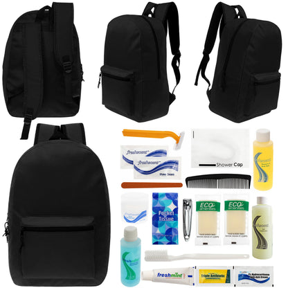 12 Black 17" Classic Backpacks & Your Choice of 12 Bulk Hygiene Kits - Wholesale Care Package: Homeless, Emergency, Charity