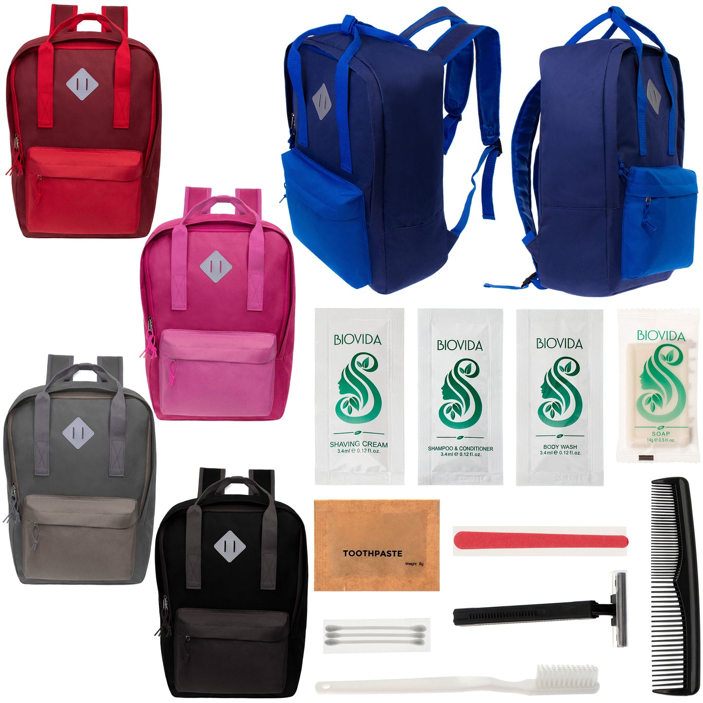 12 Multi Color Diamond Patch Backpacks & Your Choice of 12 Bulk Hygiene Kits - Wholesale Care Package: Homeless, Emergency, Charity