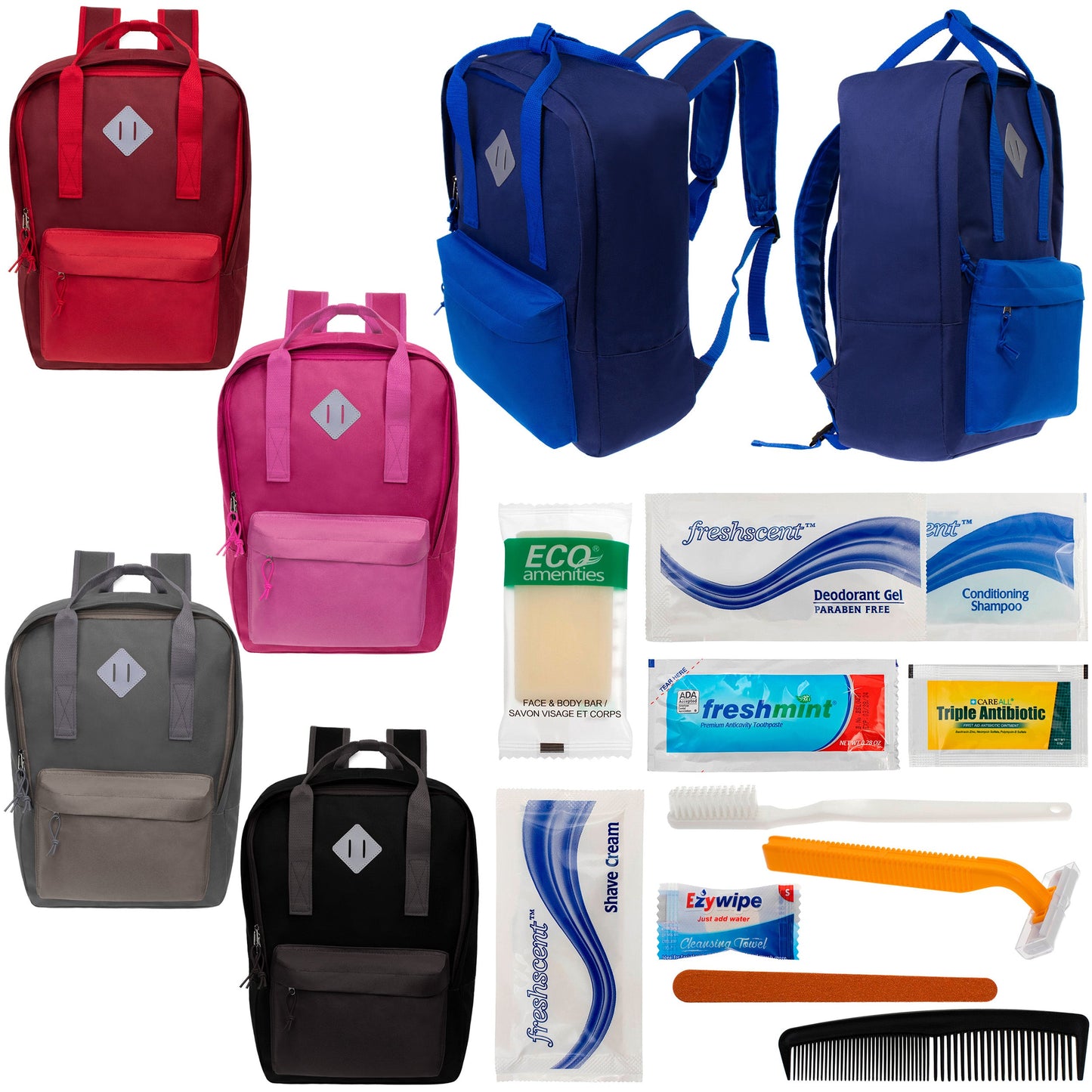 12 Multi Color Diamond Patch Backpacks & Your Choice of 12 Bulk Hygiene Kits - Wholesale Care Package: Homeless, Emergency, Charity