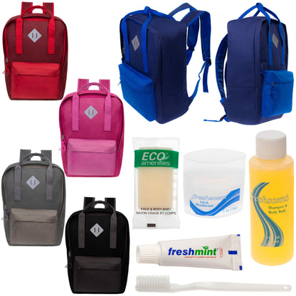 12 Multi Color Diamond Patch Backpacks & Your Choice of 12 Bulk Hygiene Kits - Wholesale Care Package: Homeless, Emergency, Charity