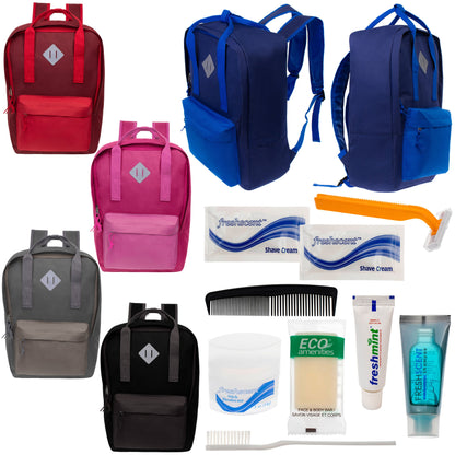 12 Multi Color Diamond Patch Backpacks & Your Choice of 12 Bulk Hygiene Kits - Wholesale Care Package: Homeless, Emergency, Charity