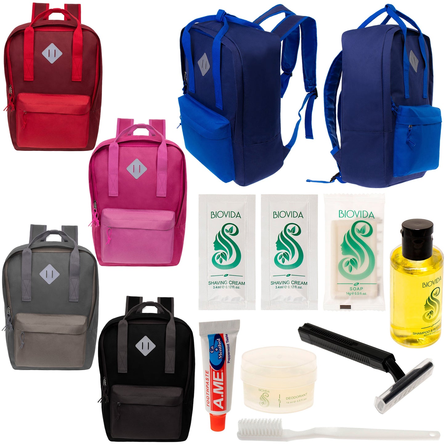 12 Multi Color Diamond Patch Backpacks & Your Choice of 12 Bulk Hygiene Kits - Wholesale Care Package: Homeless, Emergency, Charity