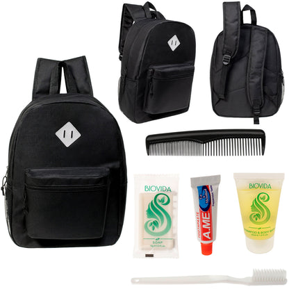 12 Black 17" Diamond Patch Backpacks & Your Choice of 12 Bulk Hygiene Kits - Wholesale Care Package: Homeless, Emergency, Charity