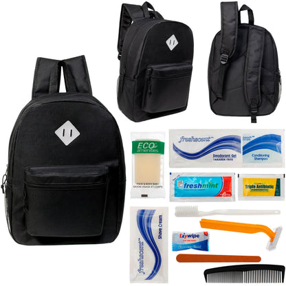 12 Black 17" Diamond Patch Backpacks & Your Choice of 12 Bulk Hygiene Kits - Wholesale Care Package: Homeless, Emergency, Charity