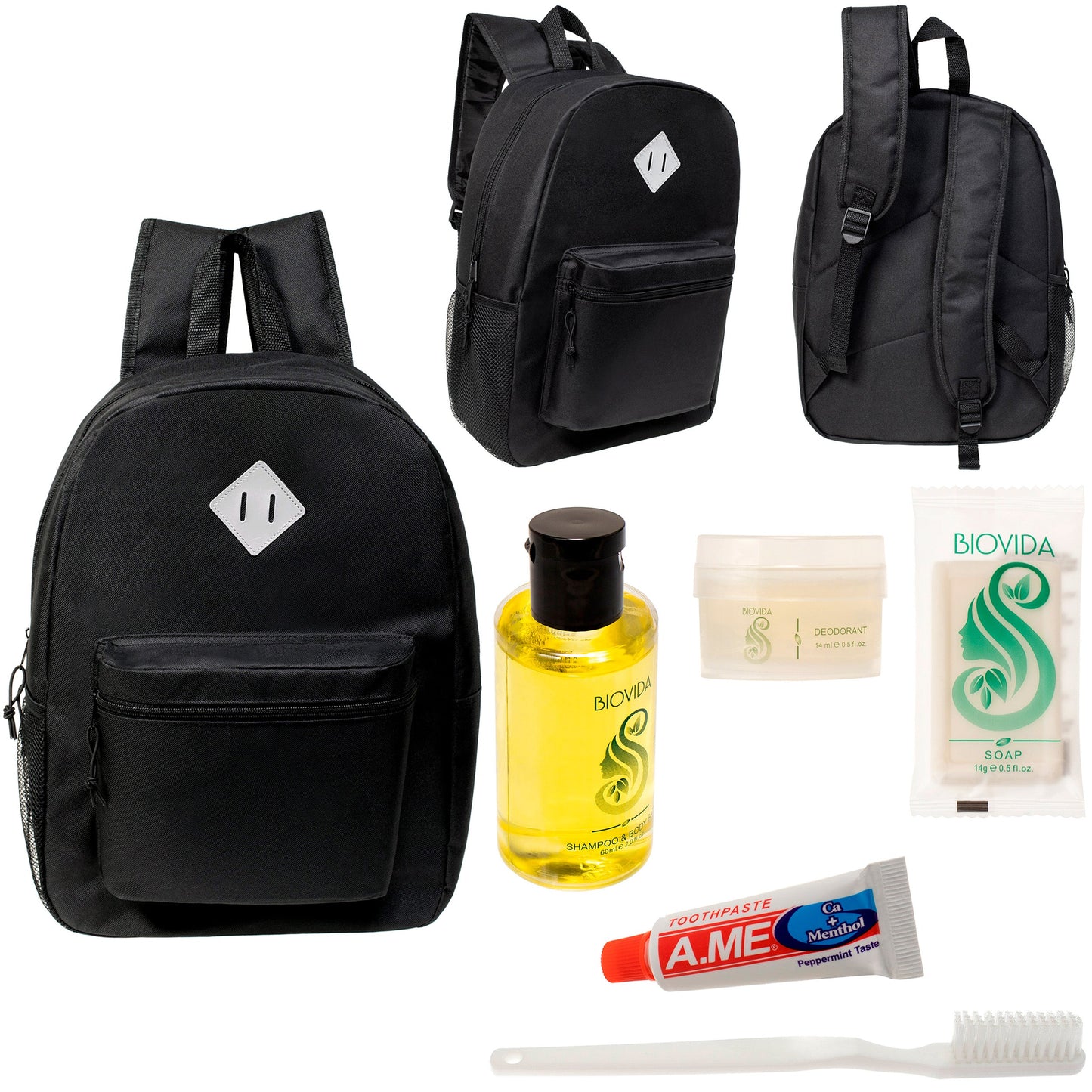 12 Black 17" Diamond Patch Backpacks & Your Choice of 12 Bulk Hygiene Kits - Wholesale Care Package: Homeless, Emergency, Charity