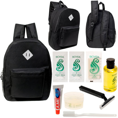 12 Black 17" Diamond Patch Backpacks & Your Choice of 12 Bulk Hygiene Kits - Wholesale Care Package: Homeless, Emergency, Charity