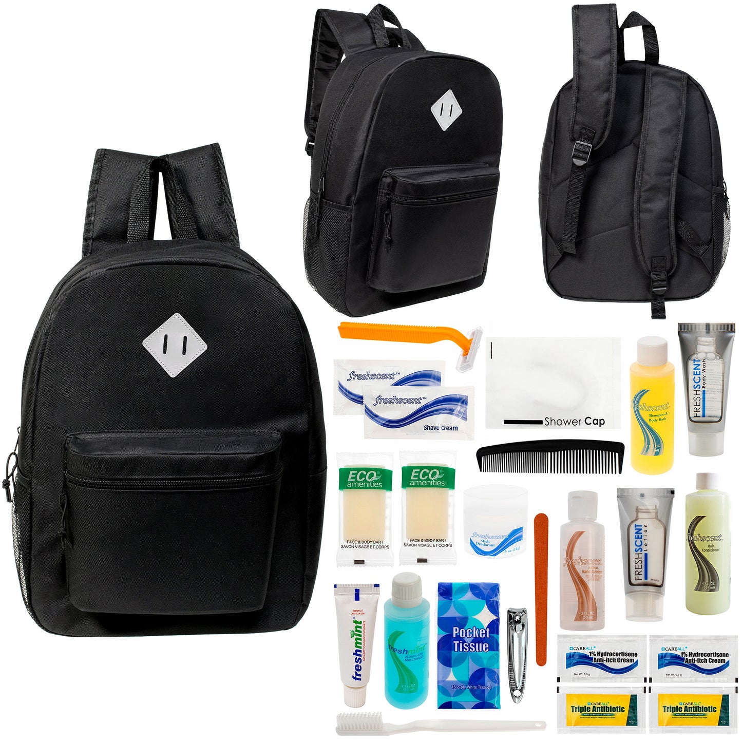 12 Black 17" Diamond Patch Backpacks & Your Choice of 12 Bulk Hygiene Kits - Wholesale Care Package: Homeless, Emergency, Charity