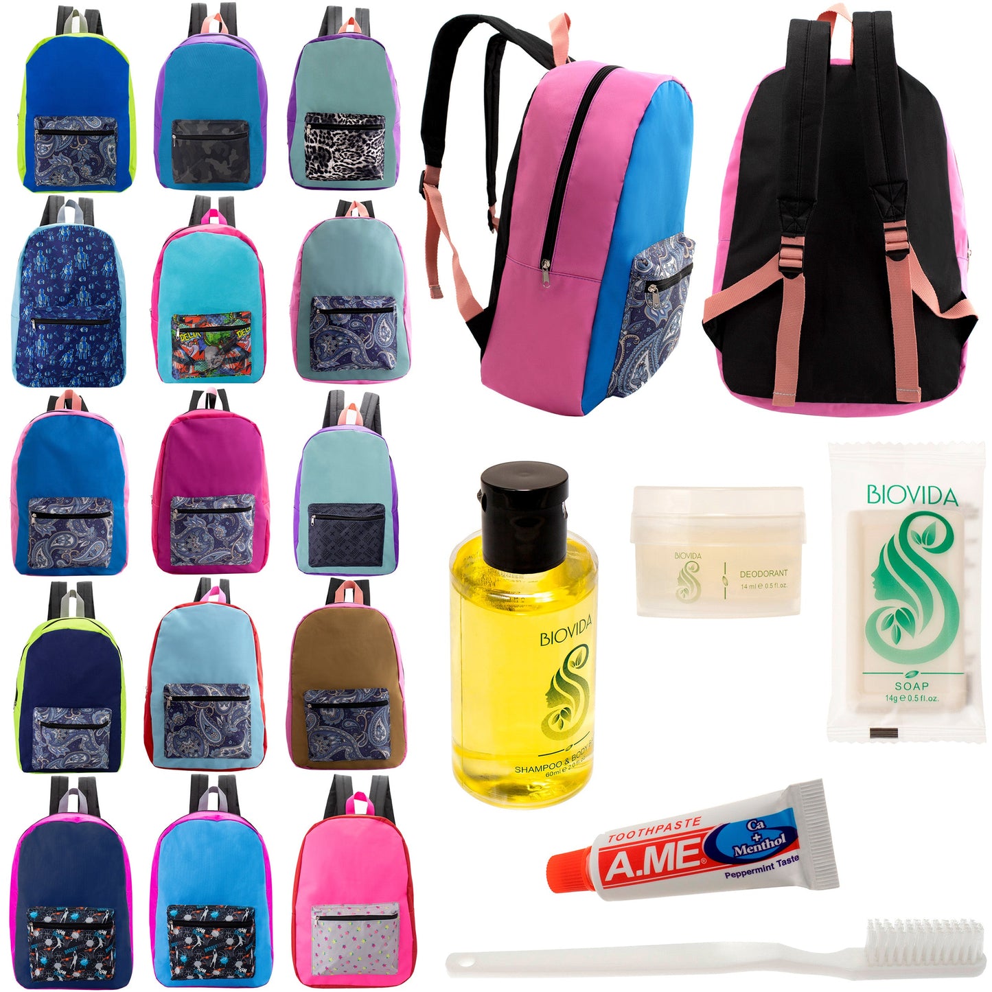 12 17" Backpacks in Assorted Random Prints & Your Choice of 12 Bulk Hygiene Kits - Wholesale Care Package: Homeless, Emergency, Charity