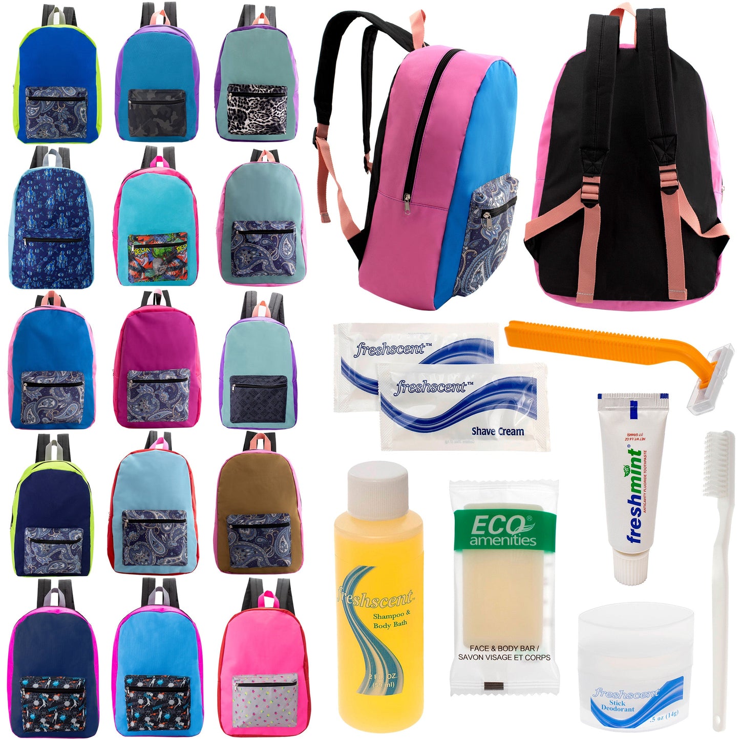 12 17" Backpacks in Assorted Random Prints & Your Choice of 12 Bulk Hygiene Kits - Wholesale Care Package: Homeless, Emergency, Charity