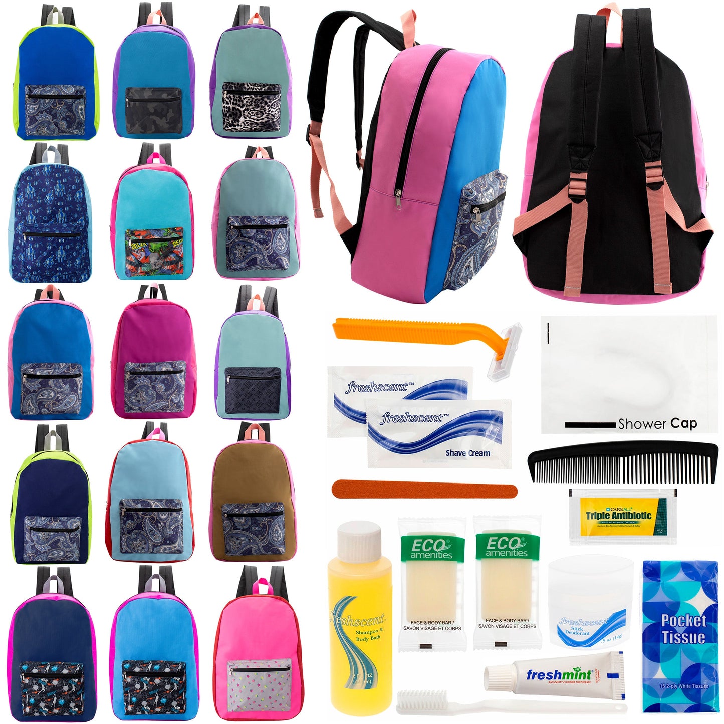 12 17" Backpacks in Assorted Random Prints & Your Choice of 12 Bulk Hygiene Kits - Wholesale Care Package: Homeless, Emergency, Charity