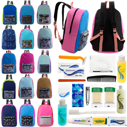 12 17" Backpacks in Assorted Random Prints & Your Choice of 12 Bulk Hygiene Kits - Wholesale Care Package: Homeless, Emergency, Charity