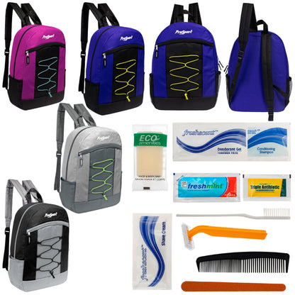 12 Multi-Color 17" Bungee Backpacks in 4 Color Combinations & Your Choice of 12 Bulk Hygiene Kits - Wholesale Care Package: Homeless, Emergency, Charity