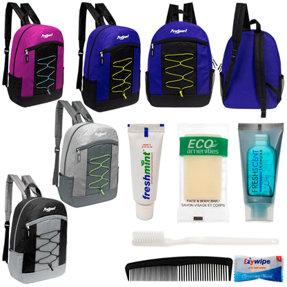 12 Multi-Color 17" Bungee Backpacks in 4 Color Combinations & Your Choice of 12 Bulk Hygiene Kits - Wholesale Care Package: Homeless, Emergency, Charity