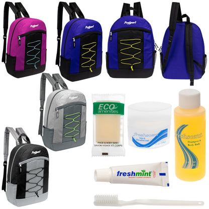 12 Multi-Color 17" Bungee Backpacks in 4 Color Combinations & Your Choice of 12 Bulk Hygiene Kits - Wholesale Care Package: Homeless, Emergency, Charity