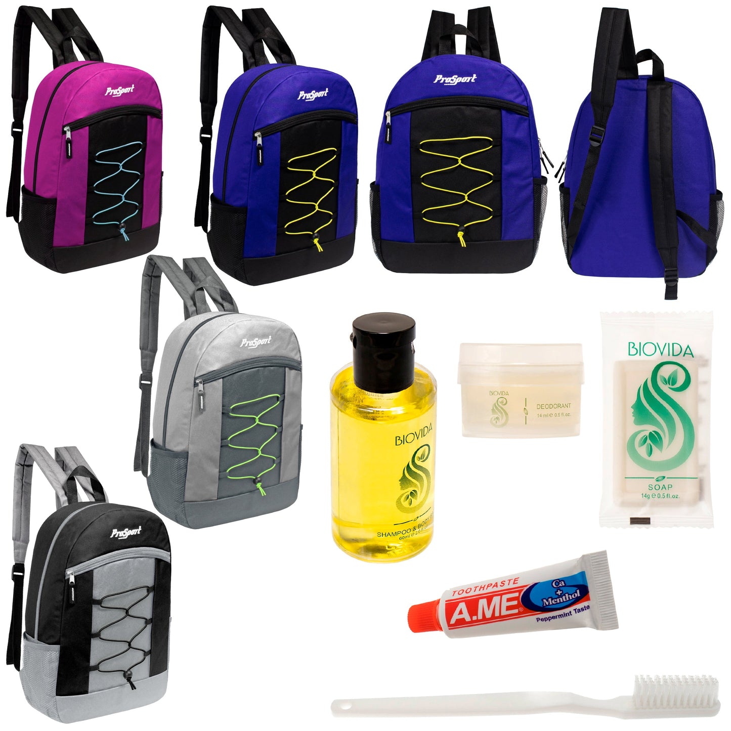 12 Multi-Color 17" Bungee Backpacks in 4 Color Combinations & Your Choice of 12 Bulk Hygiene Kits - Wholesale Care Package: Homeless, Emergency, Charity