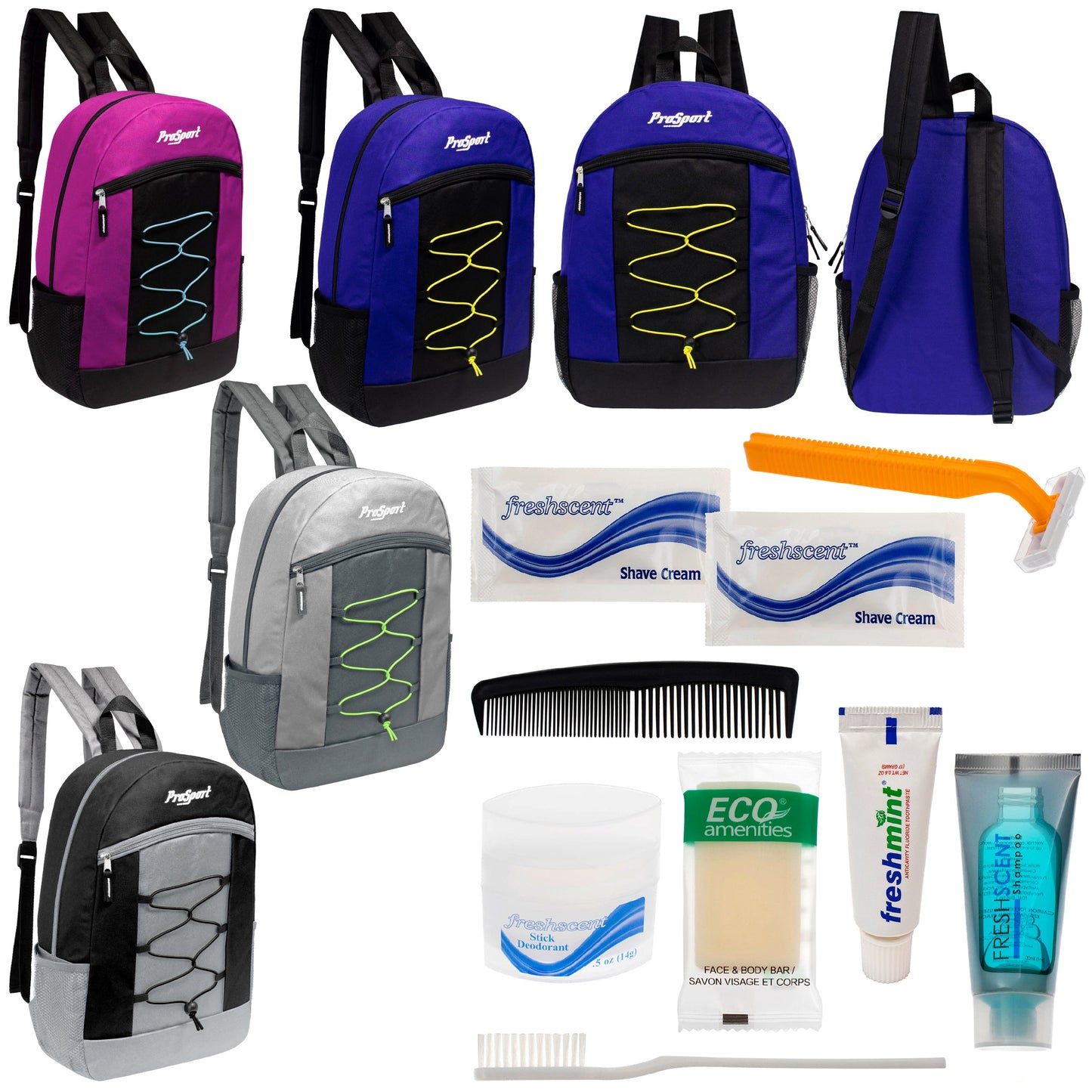 12 Multi-Color 17" Bungee Backpacks in 4 Color Combinations & Your Choice of 12 Bulk Hygiene Kits - Wholesale Care Package: Homeless, Emergency, Charity