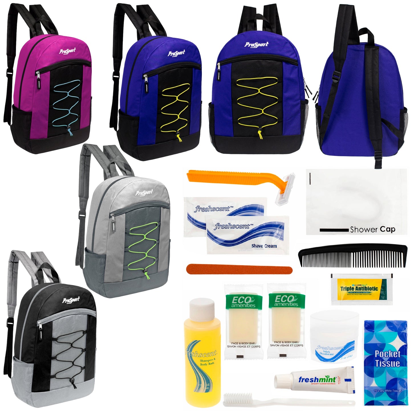 12 Multi-Color 17" Bungee Backpacks in 4 Color Combinations & Your Choice of 12 Bulk Hygiene Kits - Wholesale Care Package: Homeless, Emergency, Charity