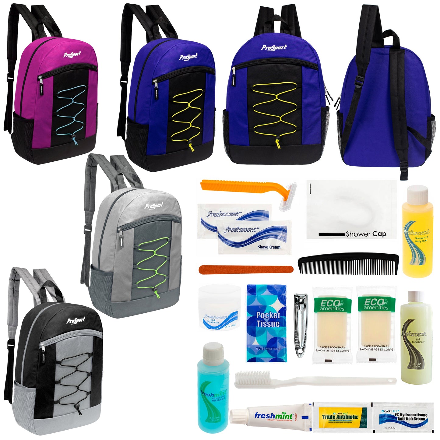 12 Multi-Color 17" Bungee Backpacks in 4 Color Combinations & Your Choice of 12 Bulk Hygiene Kits - Wholesale Care Package: Homeless, Emergency, Charity