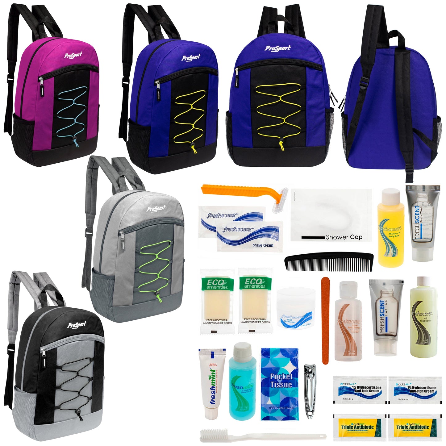 12 Multi-Color 17" Bungee Backpacks in 4 Color Combinations & Your Choice of 12 Bulk Hygiene Kits - Wholesale Care Package: Homeless, Emergency, Charity