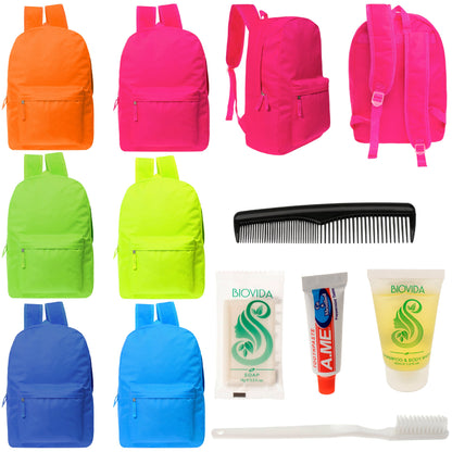 12 Bright Color 17" Backpacks in 6 Colors & Your Choice of 12 Bulk Hygiene Kits - Wholesale Care Package: Homeless, Emergency, Charity