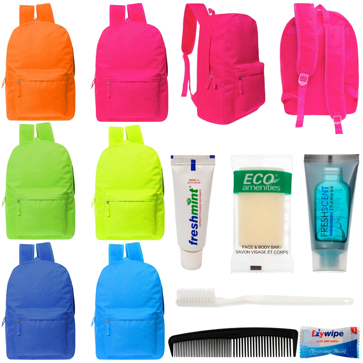 12 Bright Color 17" Backpacks in 6 Colors & Your Choice of 12 Bulk Hygiene Kits - Wholesale Care Package: Homeless, Emergency, Charity