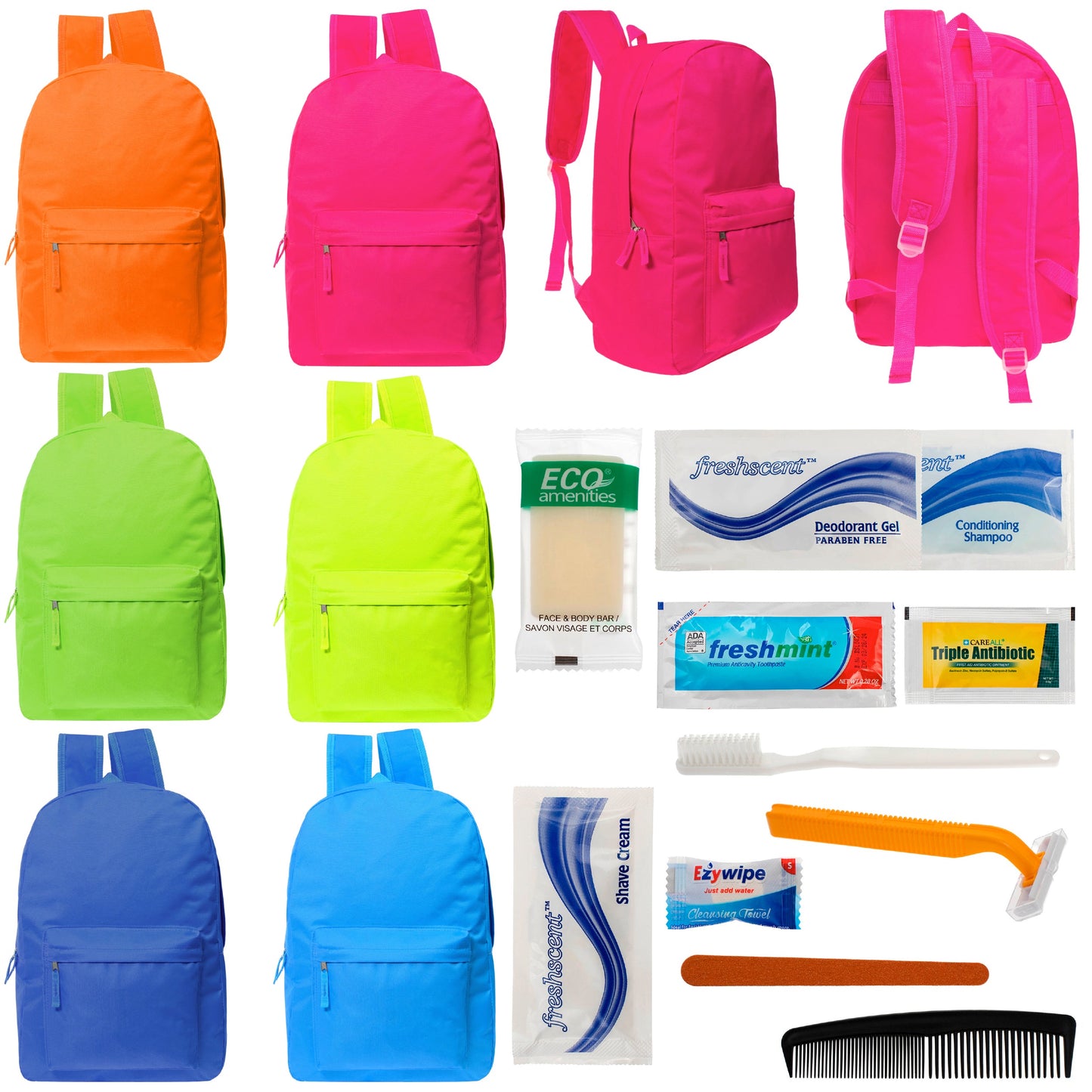 12 Bright Color 17" Backpacks in 6 Colors & Your Choice of 12 Bulk Hygiene Kits - Wholesale Care Package: Homeless, Emergency, Charity