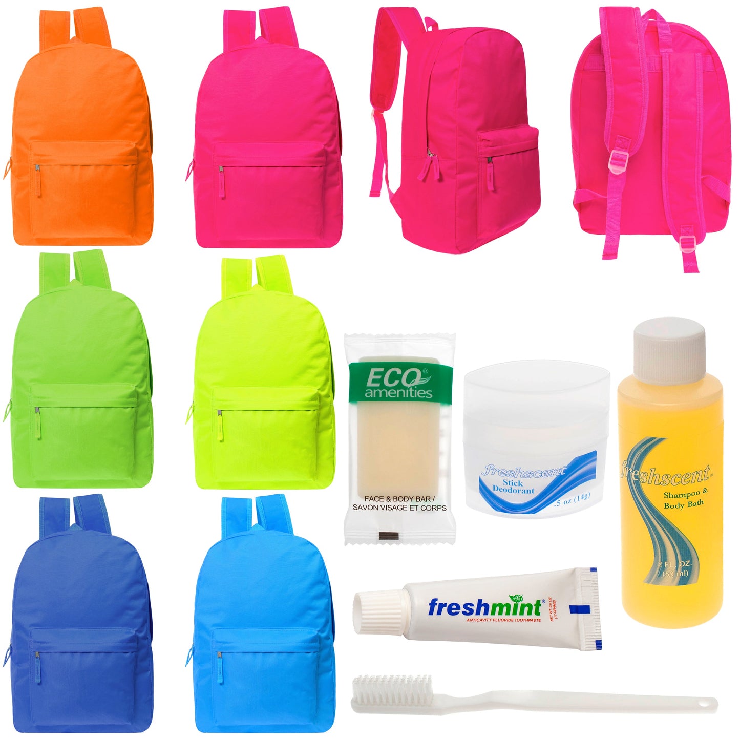 12 Bright Color 17" Backpacks in 6 Colors & Your Choice of 12 Bulk Hygiene Kits - Wholesale Care Package: Homeless, Emergency, Charity