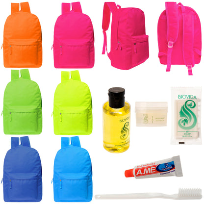 12 Bright Color 17" Backpacks in 6 Colors & Your Choice of 12 Bulk Hygiene Kits - Wholesale Care Package: Homeless, Emergency, Charity