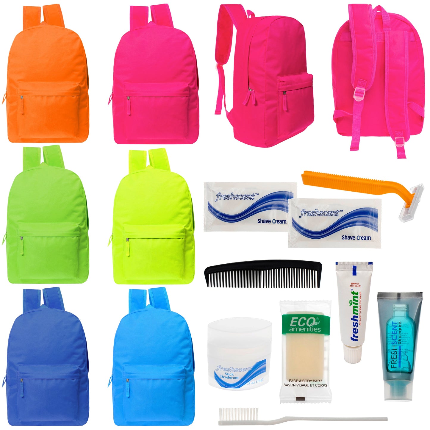 12 Bright Color 17" Backpacks in 6 Colors & Your Choice of 12 Bulk Hygiene Kits - Wholesale Care Package: Homeless, Emergency, Charity