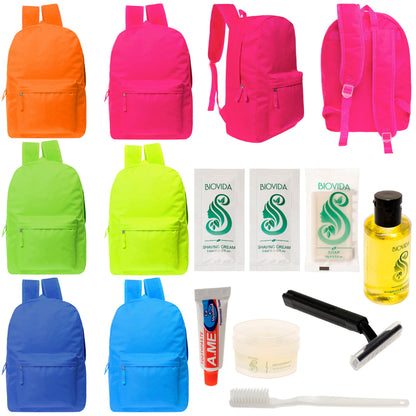 12 Bright Color 17" Backpacks in 6 Colors & Your Choice of 12 Bulk Hygiene Kits - Wholesale Care Package: Homeless, Emergency, Charity