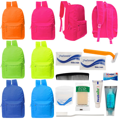 12 Bright Color 17" Backpacks in 6 Colors & Your Choice of 12 Bulk Hygiene Kits - Wholesale Care Package: Homeless, Emergency, Charity