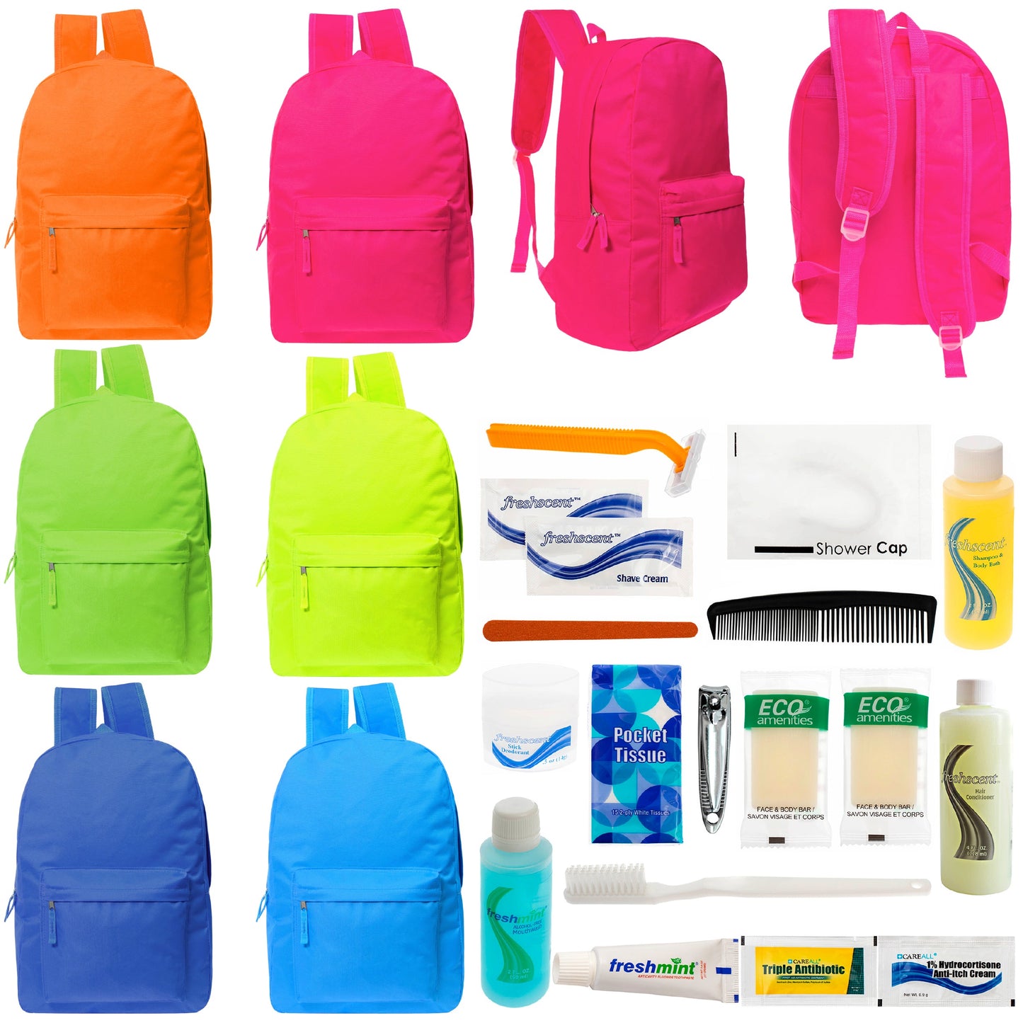 12 Bright Color 17" Backpacks in 6 Colors & Your Choice of 12 Bulk Hygiene Kits - Wholesale Care Package: Homeless, Emergency, Charity