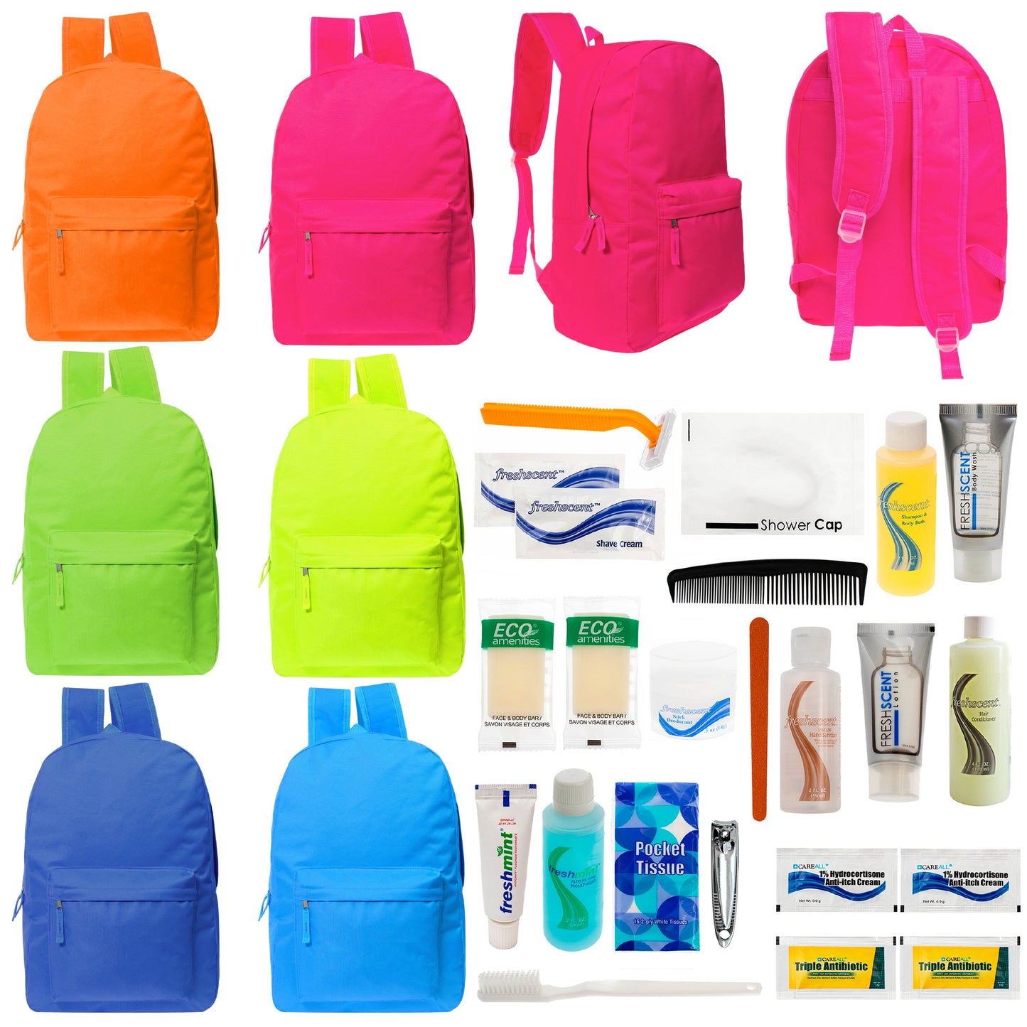 12 Bright Color 17" Backpacks in 6 Colors & Your Choice of 12 Bulk Hygiene Kits - Wholesale Care Package: Homeless, Emergency, Charity