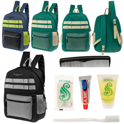 12 Multi-Color 17" Backpacks w/Accent Trim & Your Choice of 12 Bulk Hygiene Kits - Wholesale Care Package: Homeless, Emergency, Charity