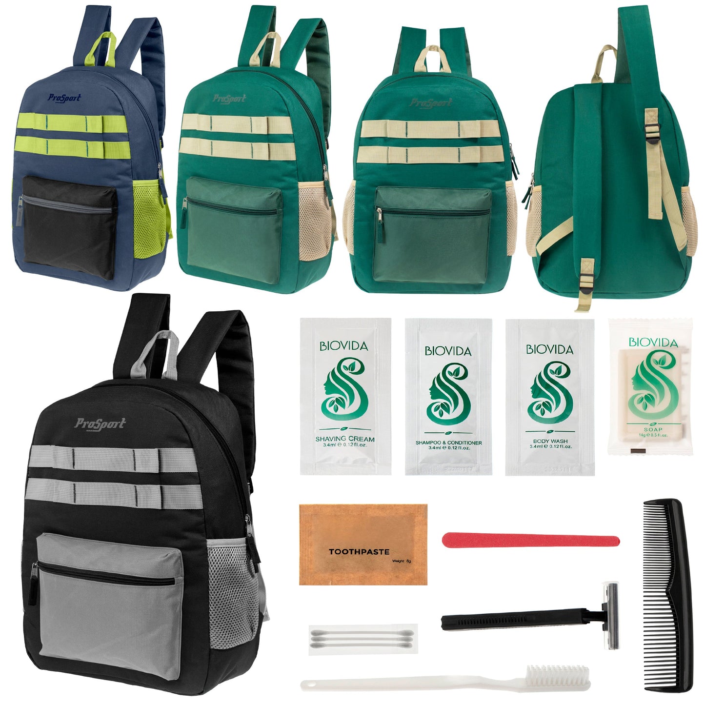 12 Multi-Color 17" Backpacks w/Accent Trim & Your Choice of 12 Bulk Hygiene Kits - Wholesale Care Package: Homeless, Emergency, Charity