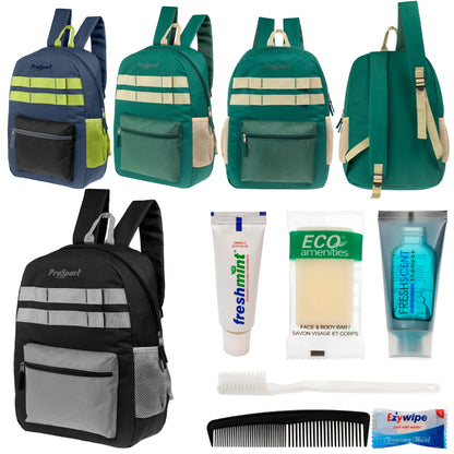 12 Multi-Color 17" Backpacks w/Accent Trim & Your Choice of 12 Bulk Hygiene Kits - Wholesale Care Package: Homeless, Emergency, Charity