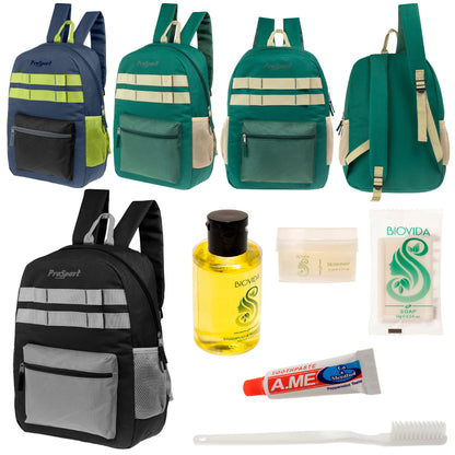 12 Multi-Color 17" Backpacks w/Accent Trim & Your Choice of 12 Bulk Hygiene Kits - Wholesale Care Package: Homeless, Emergency, Charity