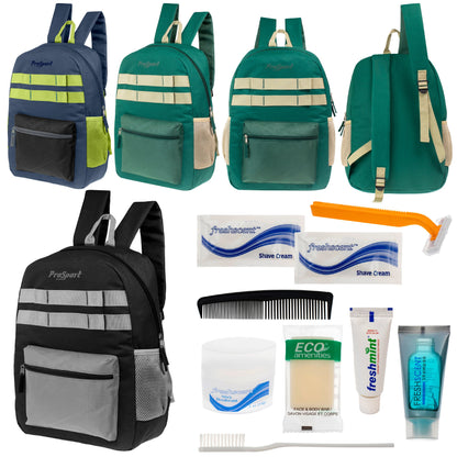 12 Multi-Color 17" Backpacks w/Accent Trim & Your Choice of 12 Bulk Hygiene Kits - Wholesale Care Package: Homeless, Emergency, Charity