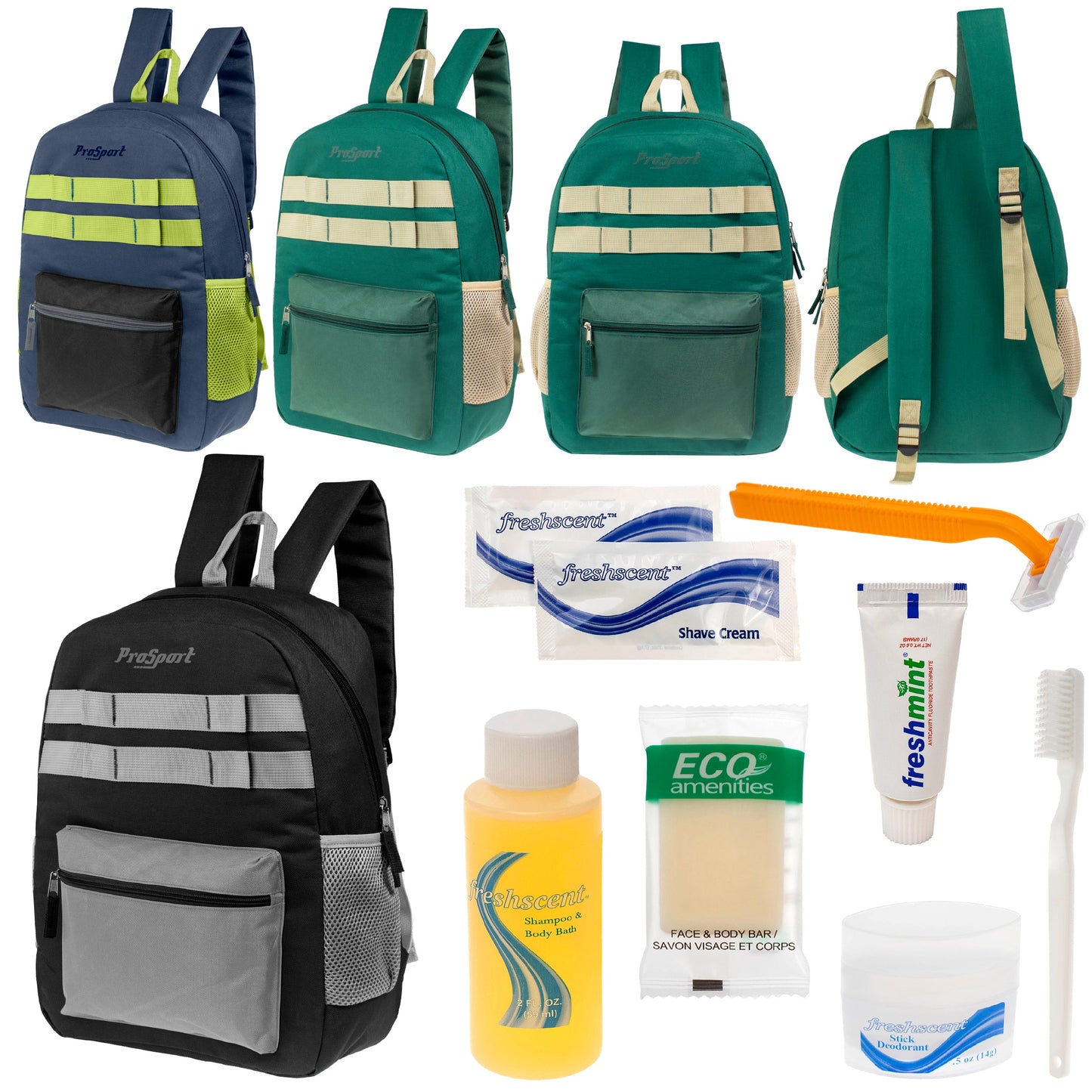 12 Multi-Color 17" Backpacks w/Accent Trim & Your Choice of 12 Bulk Hygiene Kits - Wholesale Care Package: Homeless, Emergency, Charity