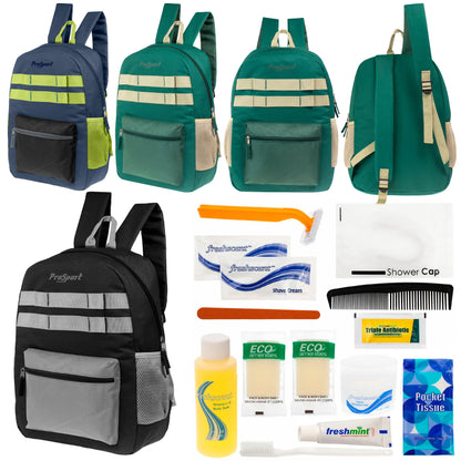 12 Multi-Color 17" Backpacks w/Accent Trim & Your Choice of 12 Bulk Hygiene Kits - Wholesale Care Package: Homeless, Emergency, Charity