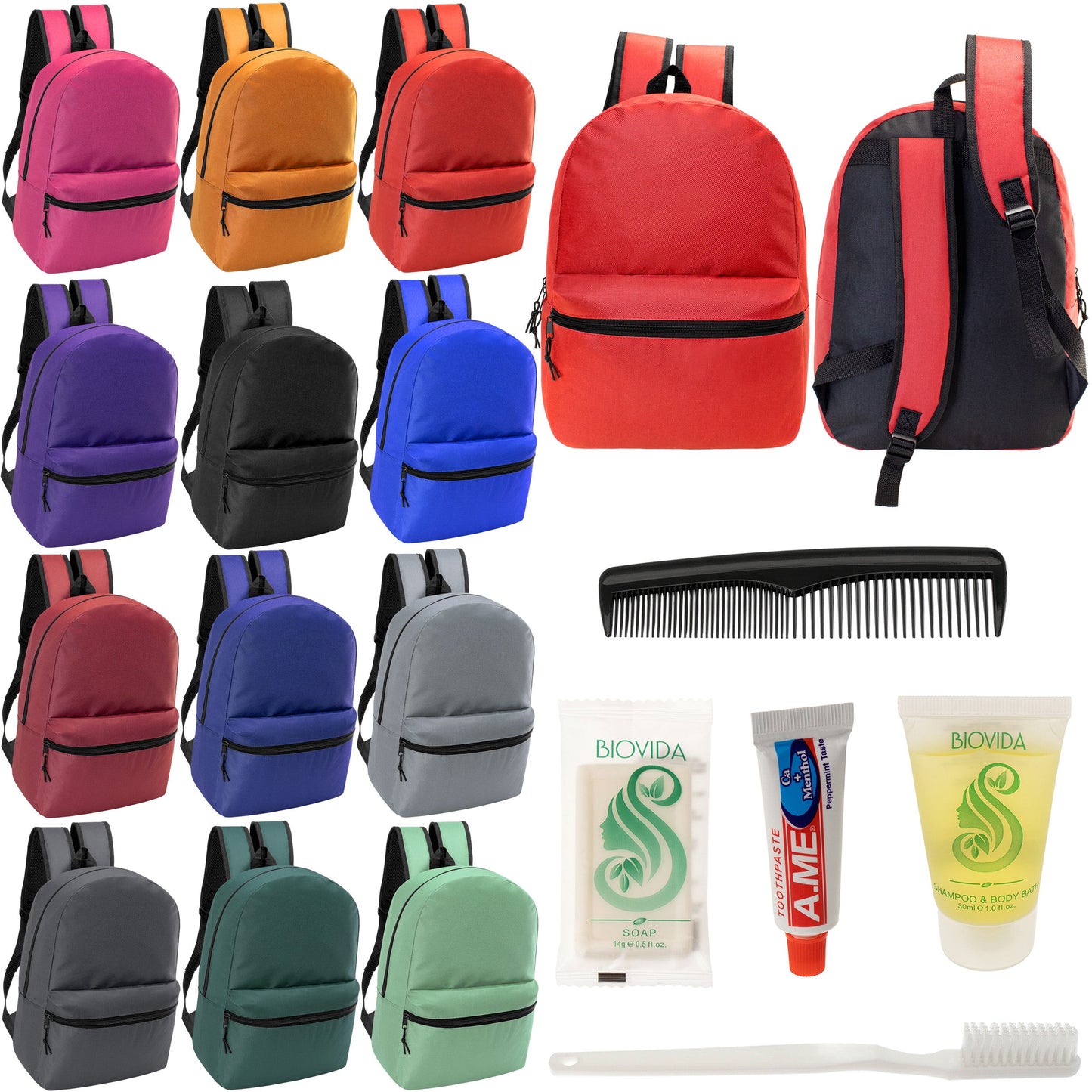 12 Basic 18.5" Backpacks in 12 Assorted Colors & Your Choice of 12 Bulk Hygiene Kits - Wholesale Care Package: Homeless, Emergency, Charity