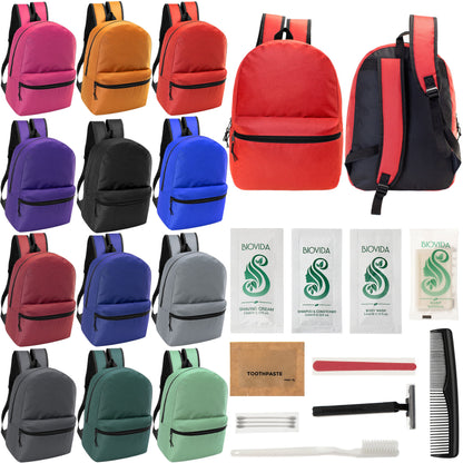 12 Basic 18.5" Backpacks in 12 Assorted Colors & Your Choice of 12 Bulk Hygiene Kits - Wholesale Care Package: Homeless, Emergency, Charity