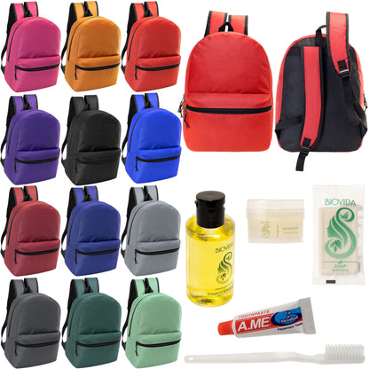 12 Basic 18.5" Backpacks in 12 Assorted Colors & Your Choice of 12 Bulk Hygiene Kits - Wholesale Care Package: Homeless, Emergency, Charity