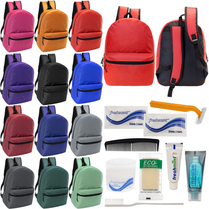 12 Basic 18.5" Backpacks in 12 Assorted Colors & Your Choice of 12 Bulk Hygiene Kits - Wholesale Care Package: Homeless, Emergency, Charity