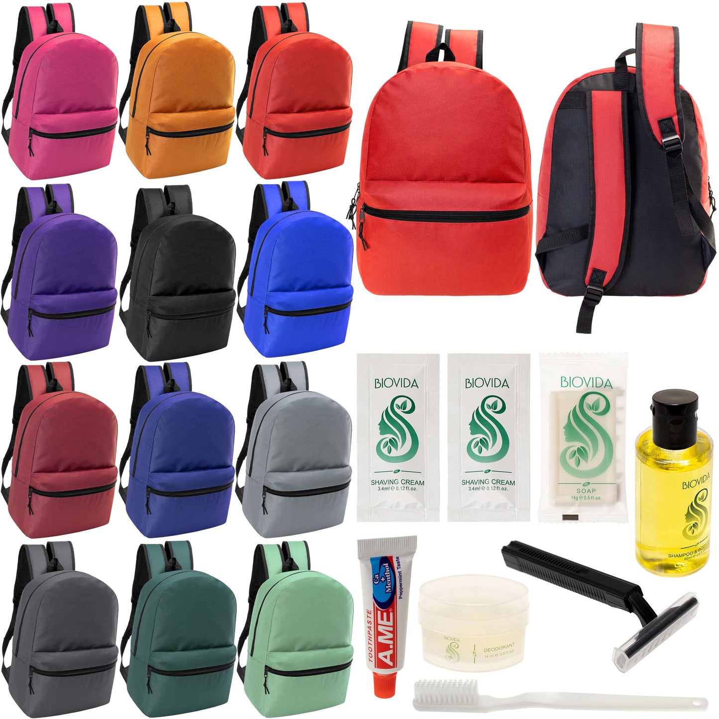 12 Basic 18.5" Backpacks in 12 Assorted Colors & Your Choice of 12 Bulk Hygiene Kits - Wholesale Care Package: Homeless, Emergency, Charity