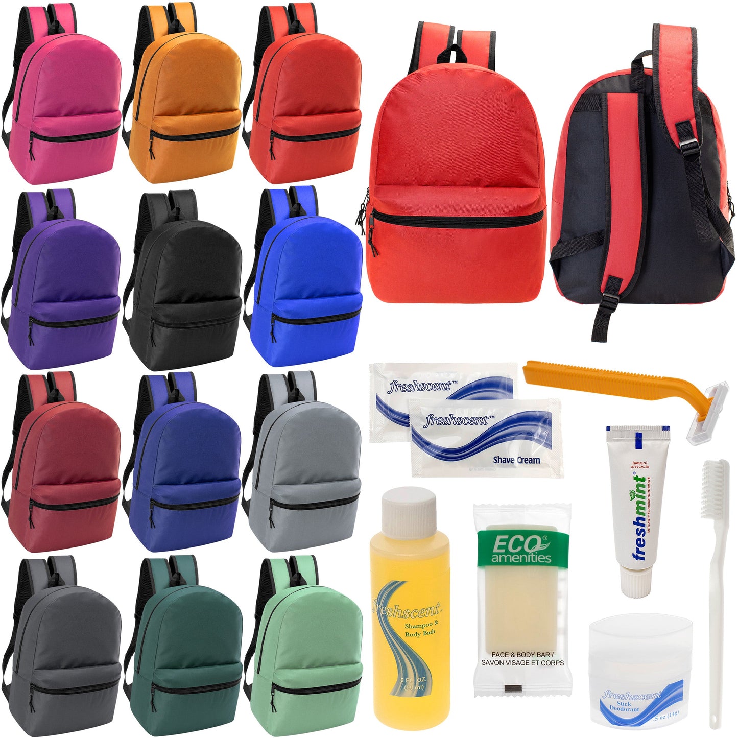 12 Basic 18.5" Backpacks in 12 Assorted Colors & Your Choice of 12 Bulk Hygiene Kits - Wholesale Care Package: Homeless, Emergency, Charity