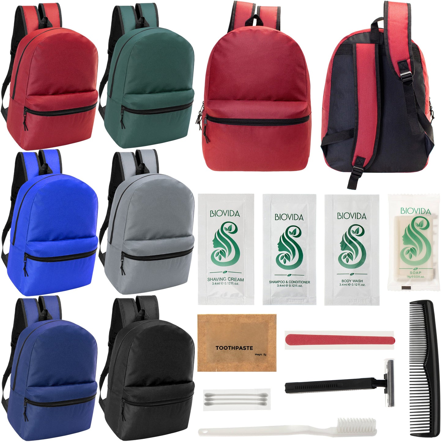 12 Basic 18.5" Backpacks in 6 Assorted Colors & Your Choice of 12 Bulk Hygiene Kits - Wholesale Care Package: Homeless, Emergency, Charity