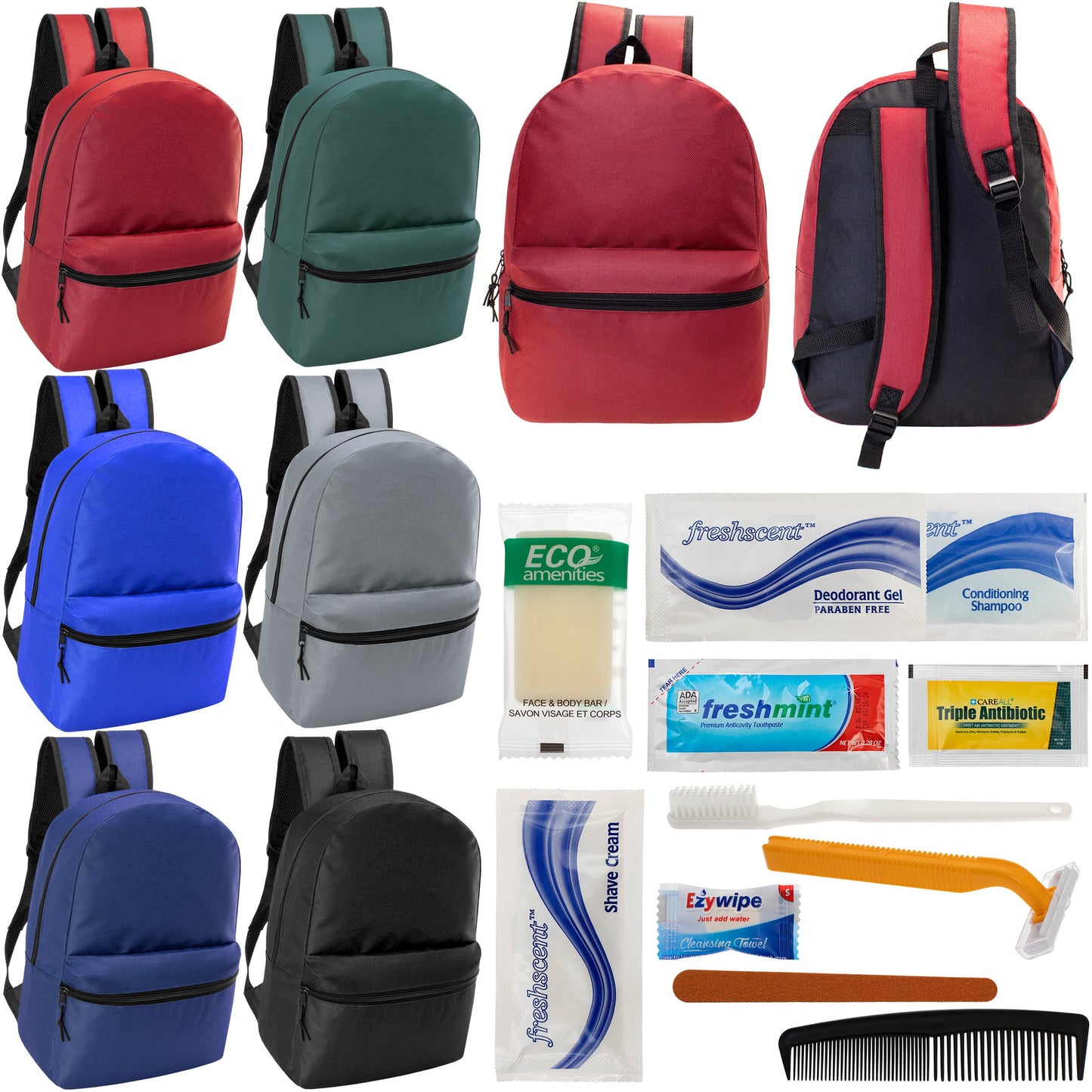 12 Basic 18.5" Backpacks in 6 Assorted Colors & Your Choice of 12 Bulk Hygiene Kits - Wholesale Care Package: Homeless, Emergency, Charity